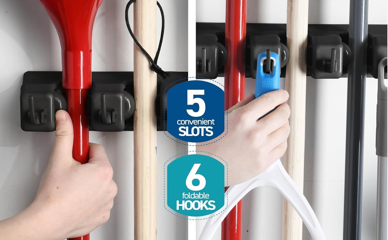 mechdel Mop Holder/Wall Mounted Wiper Holder/Storage Organizers/Drill-Free Broom Stick Stand for Home/Indoor-Outdoor (6 Hooks Mop/Broom Holder-Black, 1SET)
