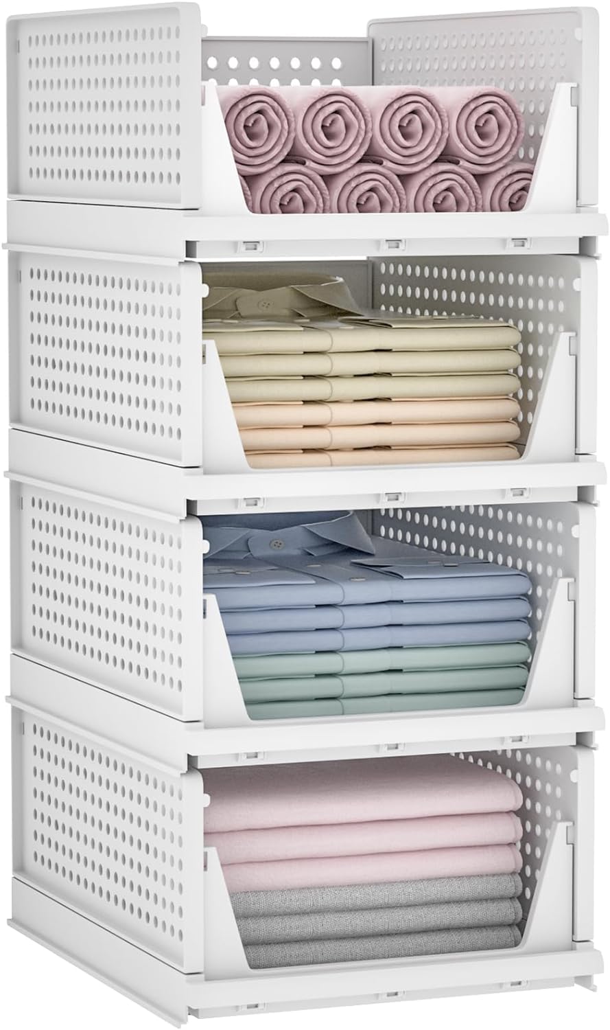 MECHDEL | Wardrobe Organizer For Clothes | Cupboard Organizer | Foldable Shirt Stacker Box | Cloth Box for Almirah | Closet Storage Basket |Plastic Stackable Closet Organizer (Pista Green, 4PCS)
