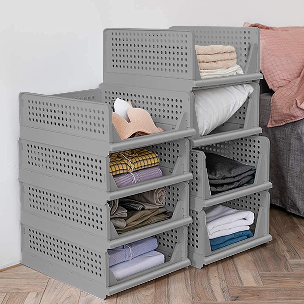 MECHDEL | Wardrobe Organizer For Clothes | Cupboard Organizer | Foldable Shirt Stacker Box | Cloth Box for Almirah | Closet Storage Basket |Plastic Stackable Closet Organizer (Pista Green, 4PCS)