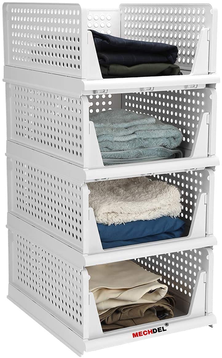 MECHDEL | Wardrobe Organizer For Clothes | Cupboard Organizer | Foldable Shirt Stacker Box | Cloth Box for Almirah | Closet Storage Basket |Plastic Stackable Closet Organizer (Pista Green, 4PCS)