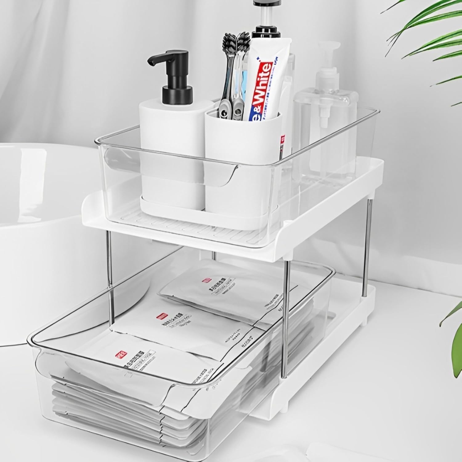 MECHDEL Tier Under Sink Organiser/Clear Bathroom Cabinets/Vanity Countertop Storage Container/Medicine Cabinet/Pull-Out Organization with Track for Pantry/Kitchen (2 Tier Under Sink Organiser)