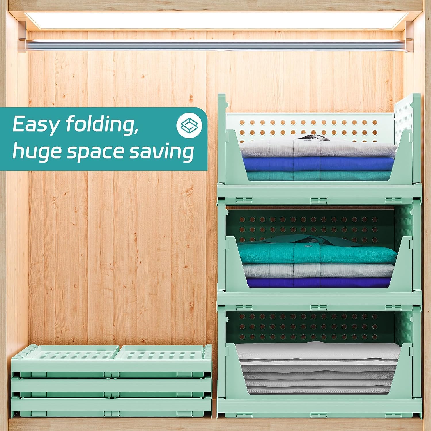MECHDEL | Wardrobe Organizer For Clothes | Cupboard Organizer | Foldable Shirt Stacker Box | Cloth Box for Almirah | Closet Storage Basket |Plastic Stackable Closet Organizer (Pista Green, 4PCS)