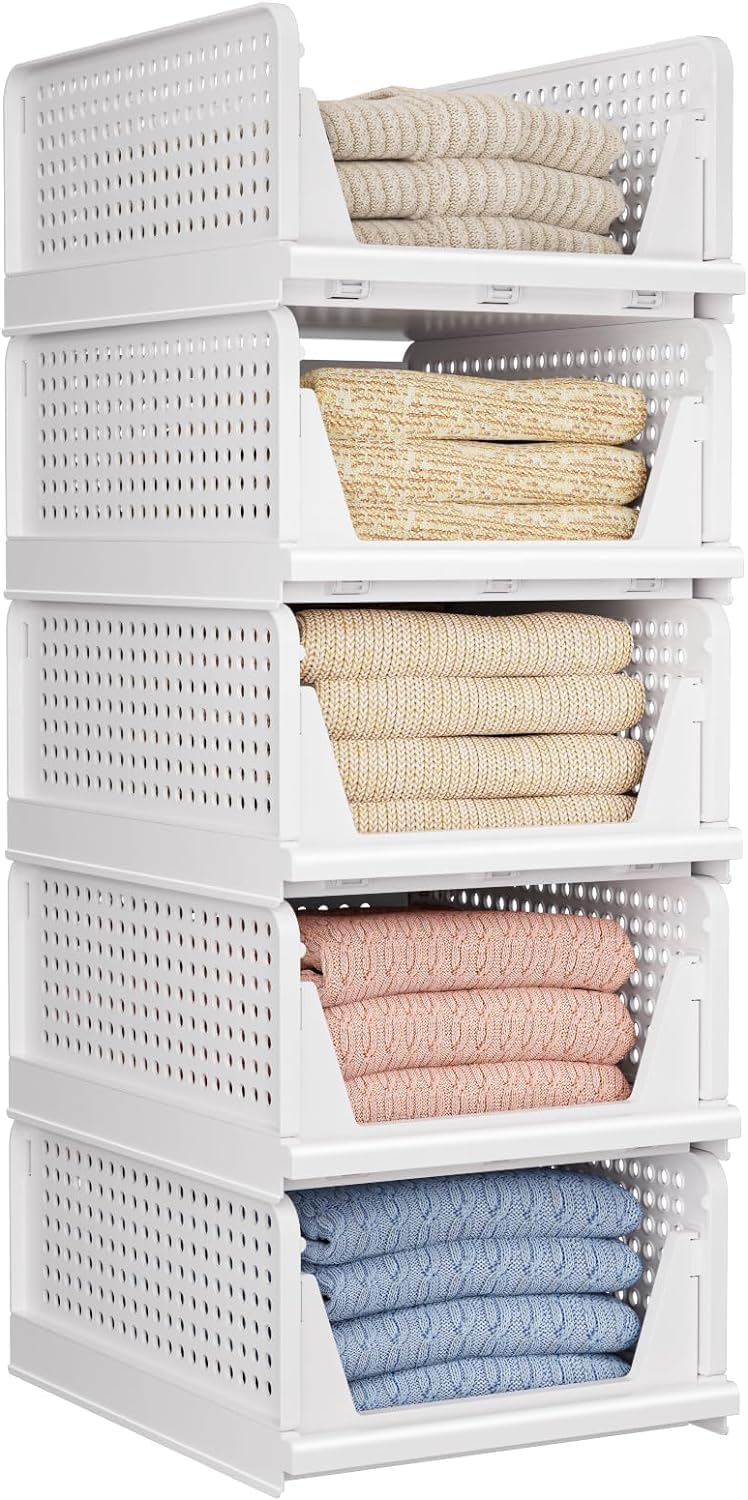 MECHDEL | Wardrobe Organizer For Clothes | Cupboard Organizer | Foldable Shirt Stacker Box | Cloth Box for Almirah | Closet Storage Basket |Plastic Stackable Closet Organizer (Pista Green, 4PCS)