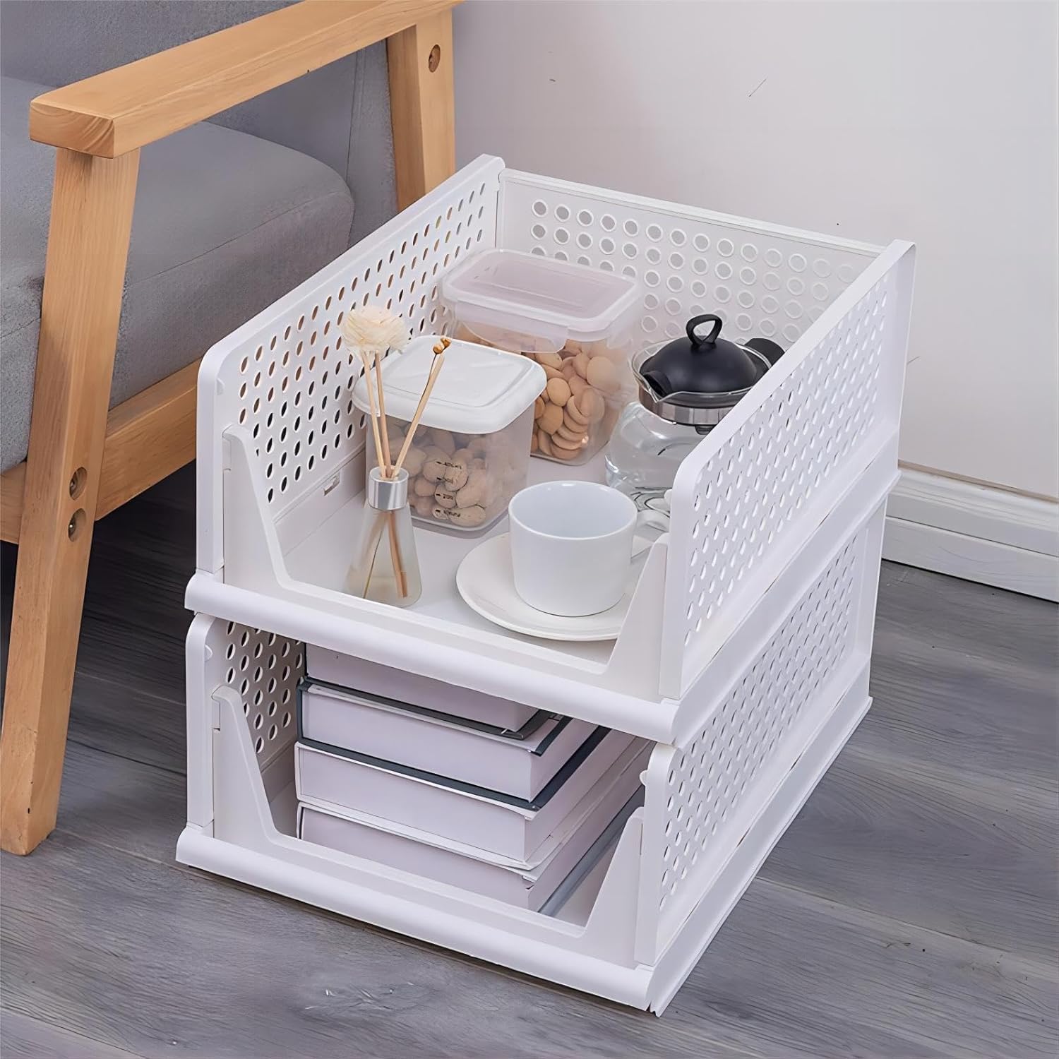 MECHDEL | Wardrobe Organizer For Clothes | Cupboard Organizer | Foldable Shirt Stacker Box | Cloth Box for Almirah | Closet Storage Basket |Plastic Stackable Closet Organizer (Pista Green, 4PCS)