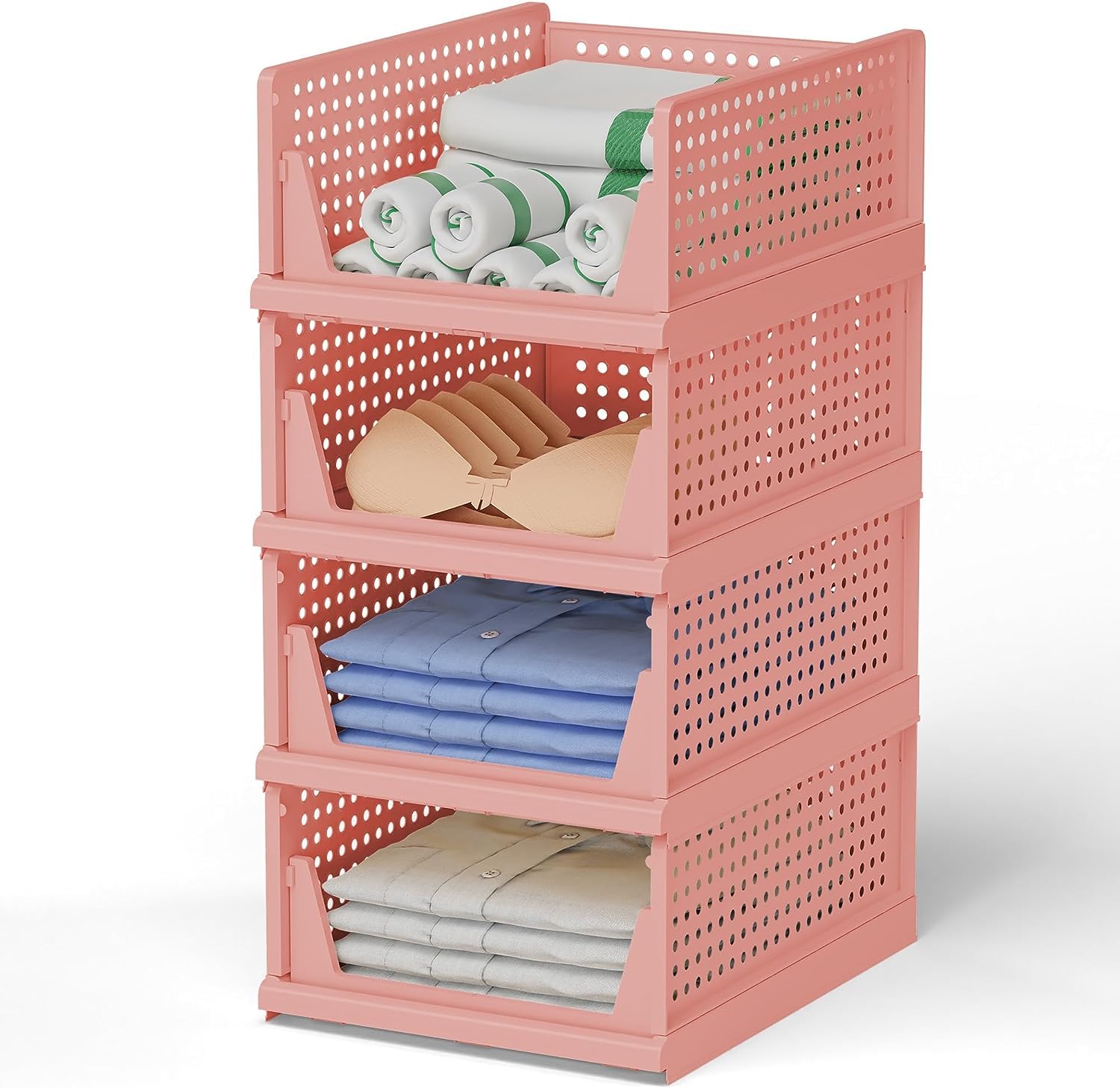 MECHDEL | Wardrobe Organizer For Clothes | Cupboard Organizer | Foldable Shirt Stacker Box | Cloth Box for Almirah | Closet Storage Basket |Plastic Stackable Closet Organizer (Pista Green, 4PCS)