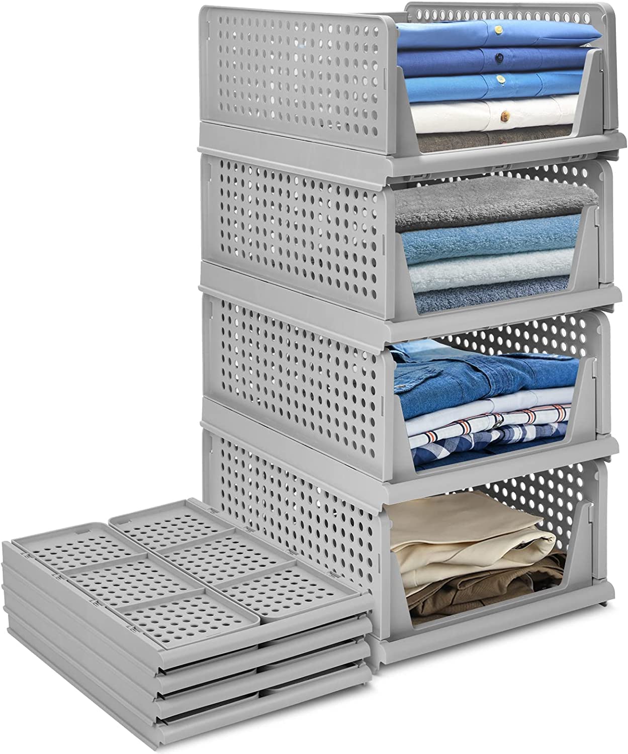 MECHDEL | Wardrobe Organizer For Clothes | Cupboard Organizer | Foldable Shirt Stacker Box | Cloth Box for Almirah | Closet Storage Basket |Plastic Stackable Closet Organizer (Pista Green, 4PCS)