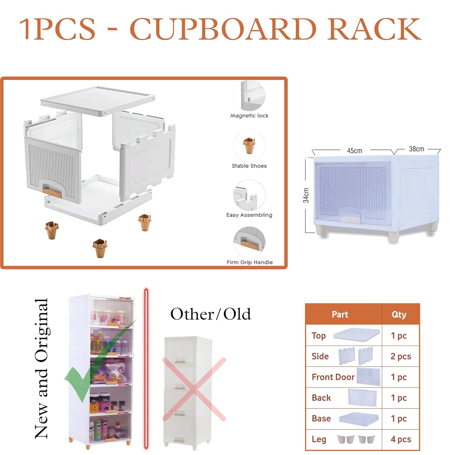 Mechdel Foldable Plastic Cupboard Rack for Clothes Storage - 1 Door Transparent Wardrobe (1PCS, 45 x 38 x 34 Cm)