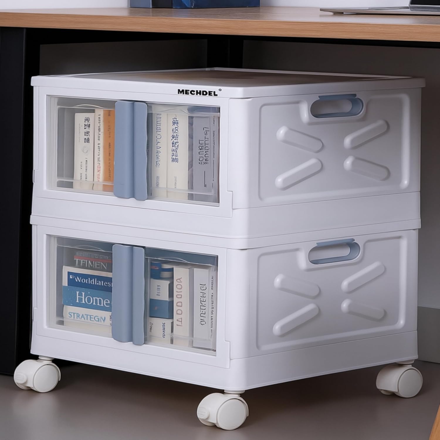 mechdel Stackable Storage Box with Wheels, Front Door Cabinet, Collapsible Organiser for Living Room, Bedroom, Books,cabinets for living room and book organiser (STORAGE BOX/WHEELS-WHITE, 1PCS)