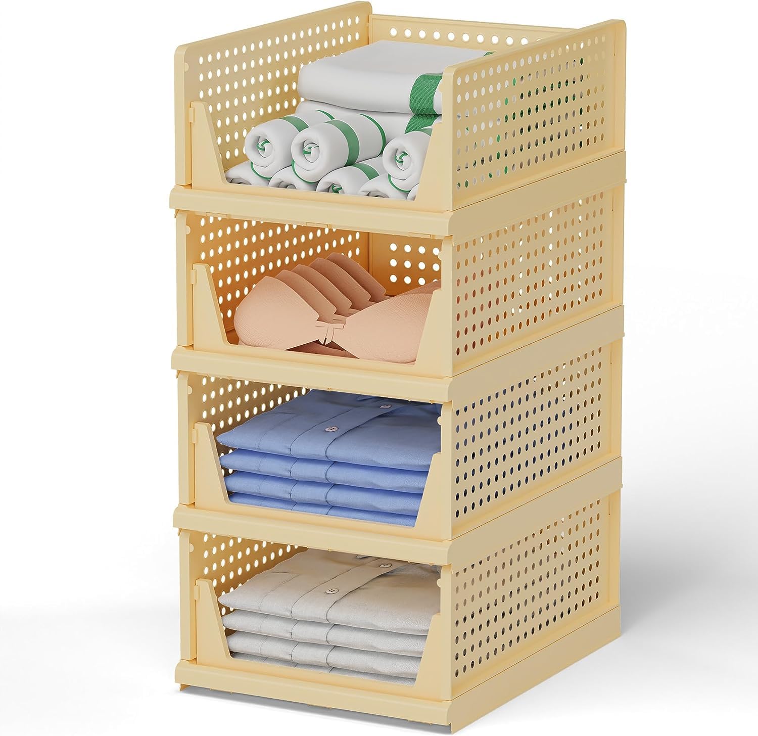 MECHDEL | Wardrobe Organizer For Clothes | Cupboard Organizer | Foldable Shirt Stacker Box | Cloth Box for Almirah | Closet Storage Basket |Plastic Stackable Closet Organizer (Pista Green, 4PCS)