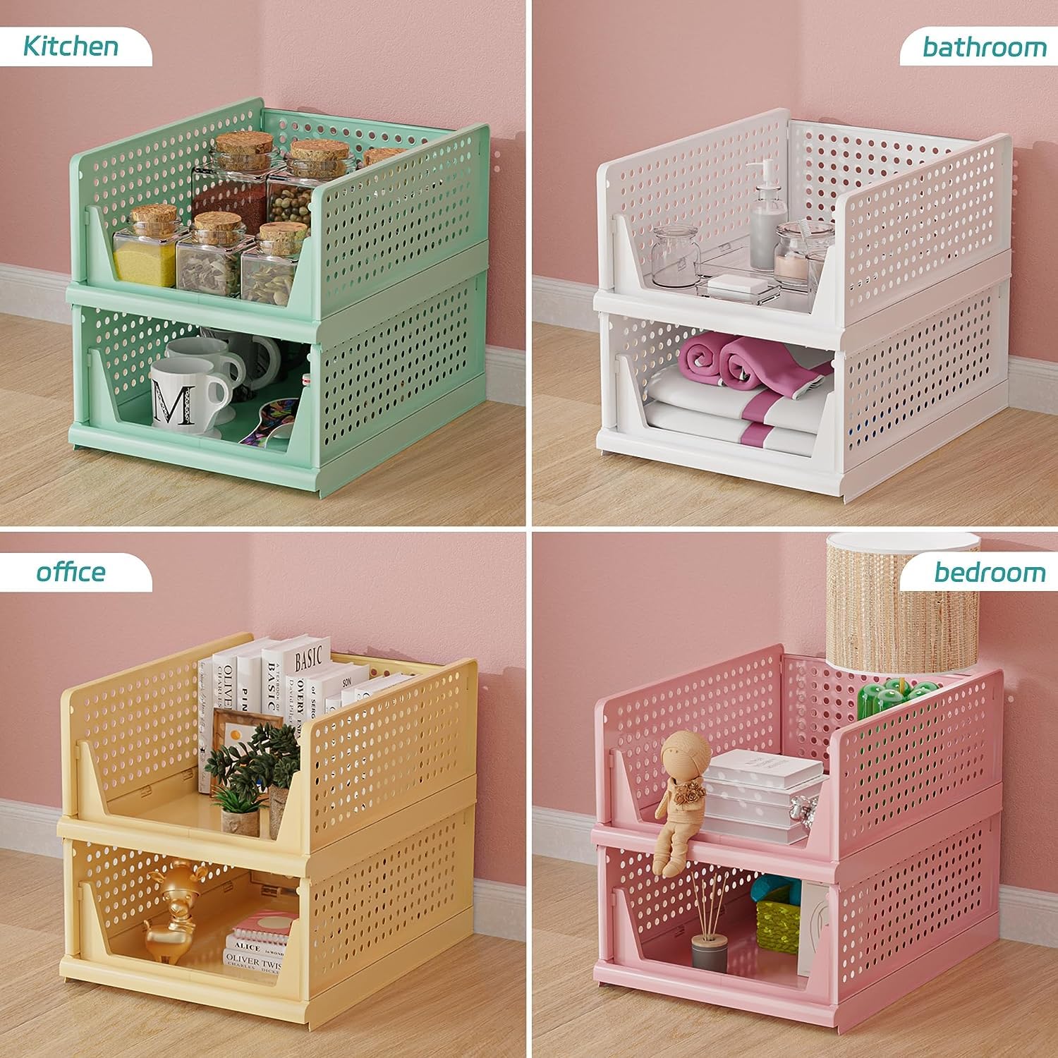 MECHDEL | Wardrobe Organizer For Clothes | Cupboard Organizer | Foldable Shirt Stacker Box | Cloth Box for Almirah | Closet Storage Basket |Plastic Stackable Closet Organizer (Pista Green, 4PCS)