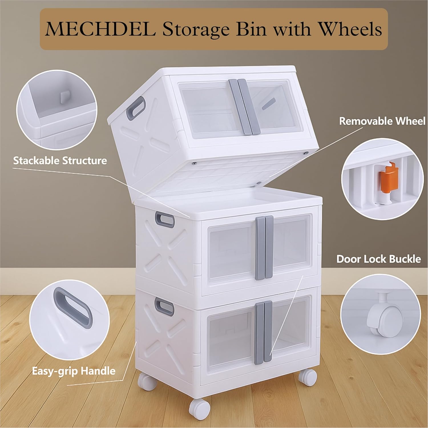 mechdel Stackable Storage Box with Wheels, Front Door Cabinet, Collapsible Organiser for Living Room, Bedroom, Books,cabinets for living room and book organiser (STORAGE BOX/WHEELS-WHITE, 1PCS)