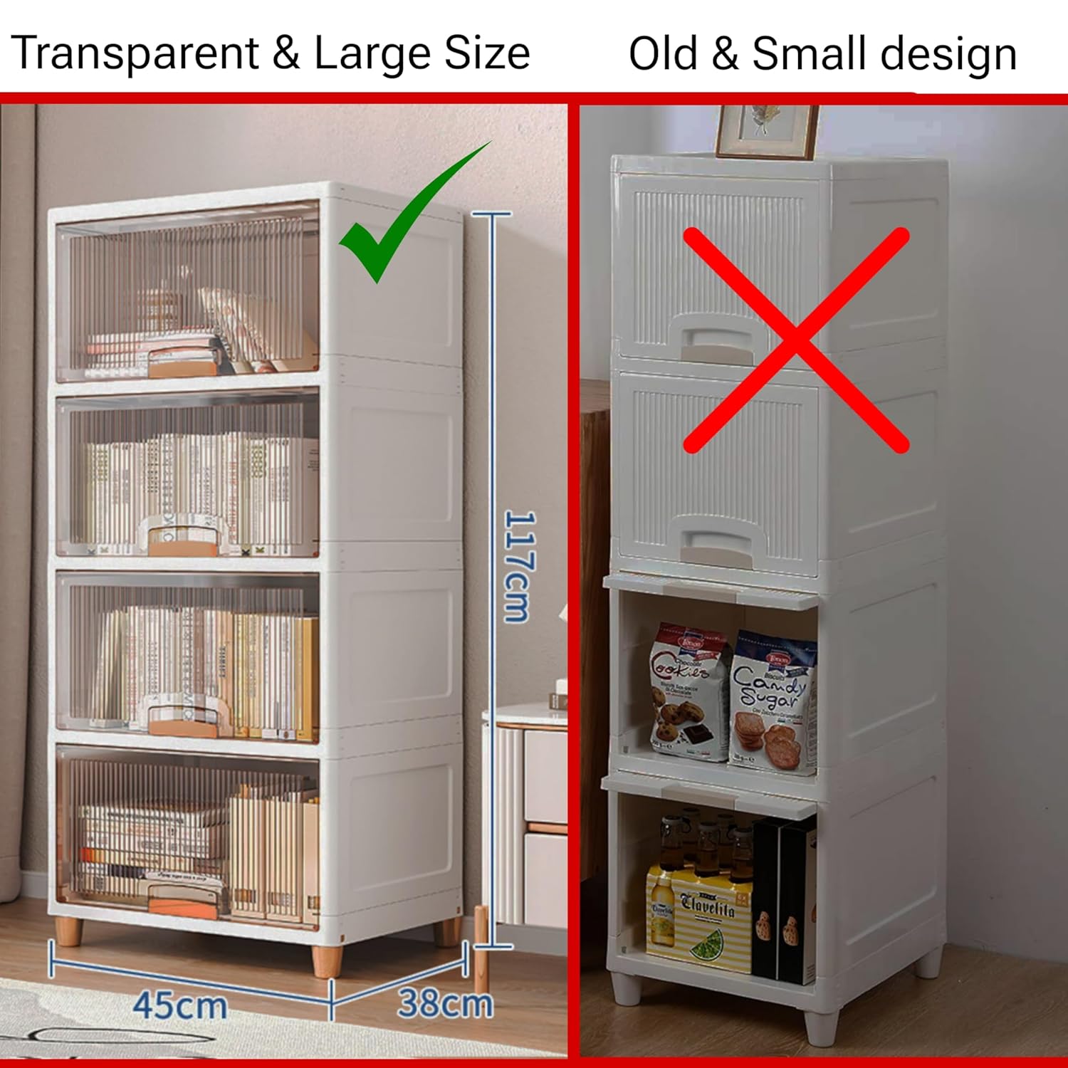 Mechdel Foldable Plastic Cupboard Rack for Clothes Storage - 1 Door Transparent Wardrobe (1PCS, 45 x 38 x 34 Cm)