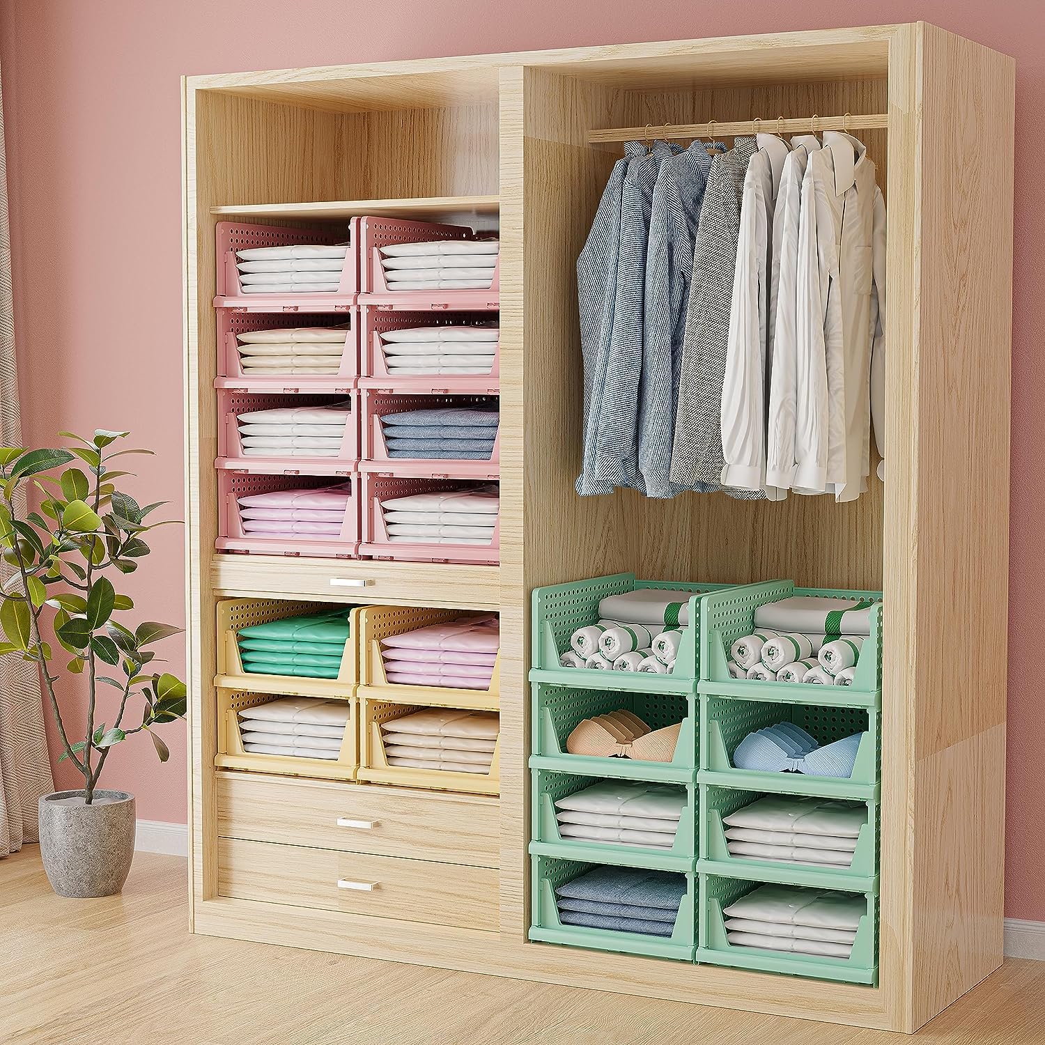 MECHDEL | Wardrobe Organizer For Clothes | Cupboard Organizer | Foldable Shirt Stacker Box | Cloth Box for Almirah | Closet Storage Basket |Plastic Stackable Closet Organizer (Pista Green, 4PCS)
