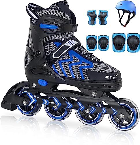 4 Wheel Inline Skates Skating Shoes for Boys and Girls Age 15 to Liner Roller Skates for Kids with Skating Protection Kit Set, Color Blue, Size Large