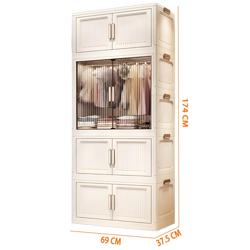 4-Door Plastic Wardrobe for Kids| Almirah and Wardrobe for Baby Clothes| Modular Storage Cabinet with Wheels| Kids Multi-Purpose Collapsible Wardrobe for Shoes/Books/Toy- White