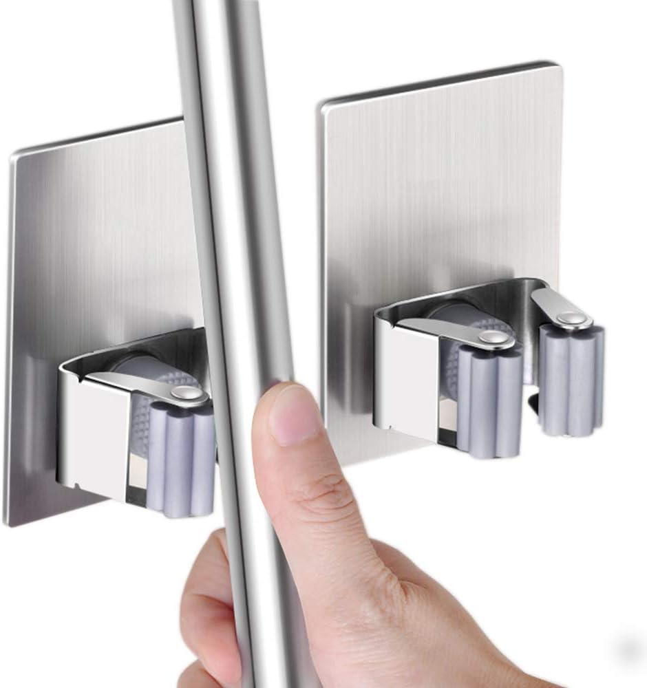 mechdel Mop Holder/Wall Mounted Wiper Holder/Storage Organizers/Drill-Free Broom Stick Stand for Home/Indoor-Outdoor (6 Hooks Mop/Broom Holder-Black, 1SET)