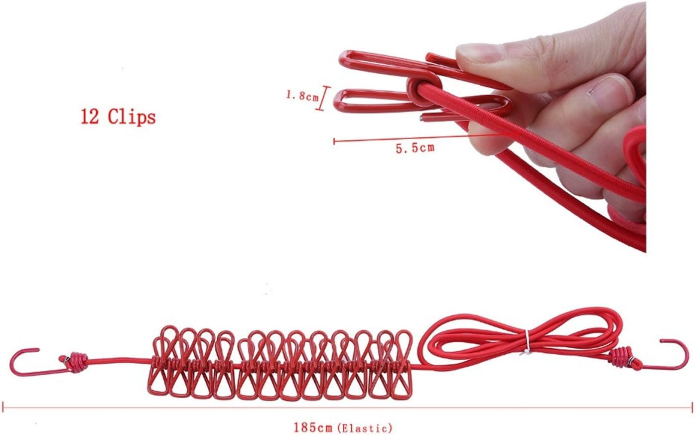 Bungee Cord with Hooks, 200 cm, Elastic Stretchable Rope, 15 kg Load Capacity (12 Clips Cloth Rope, 3PCS)