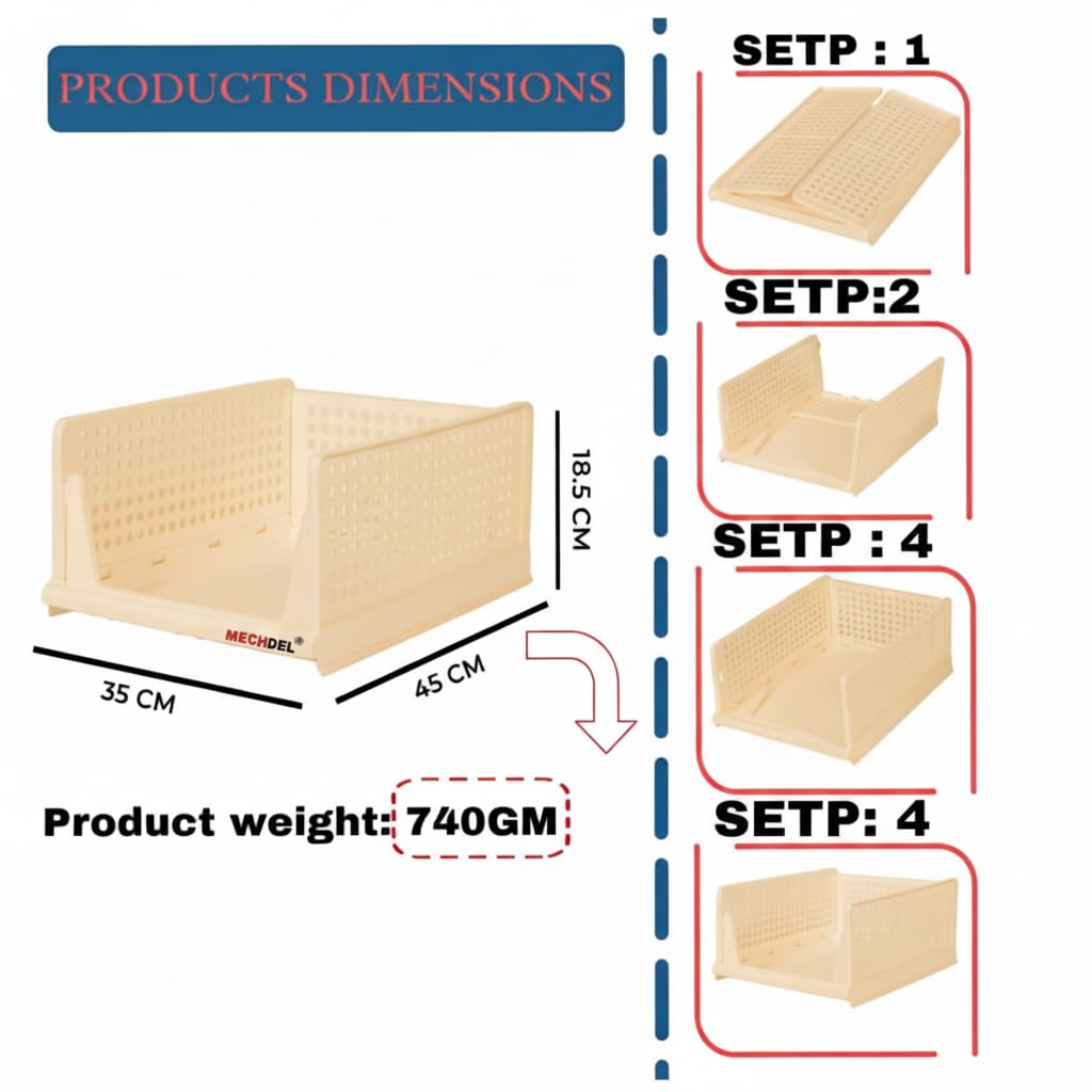 MECHDEL | Wardrobe Organizer For Clothes | Cupboard Organizer | Foldable Shirt Stacker Box | Cloth Box for Almirah | Closet Storage Basket |Plastic Stackable Closet Organizer (Ivory Yellow, 4PCS)