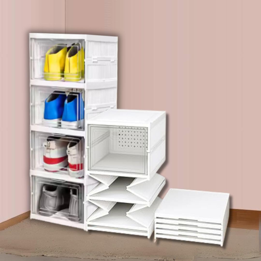 3-Layer Foldable Shoe Organizer Storage Box/Collapsible Shoe Rack/Foldable Closet for Living Room,Study,Bedroom, Bathroom/Storage Organizer for Shoe Boots,Slippers,Sneakers,Books(White)
