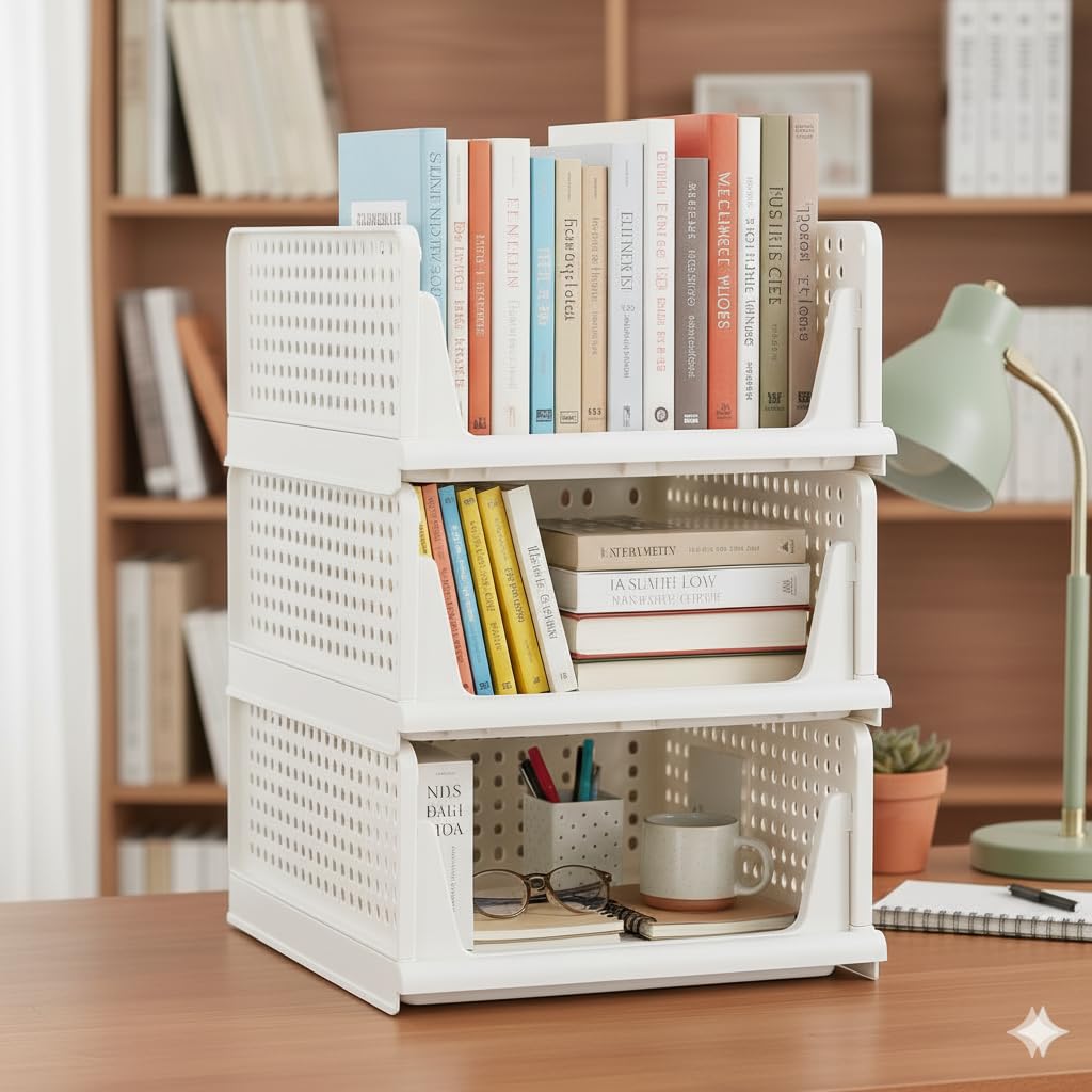 MECHDEL | Wardrobe Organizer For Clothes | Cupboard Organizer | Foldable Shirt Stacker Box | Cloth Box for Almirah | Closet Storage Basket |Plastic Stackable Closet Organizer (Ivory Yellow, 4PCS)