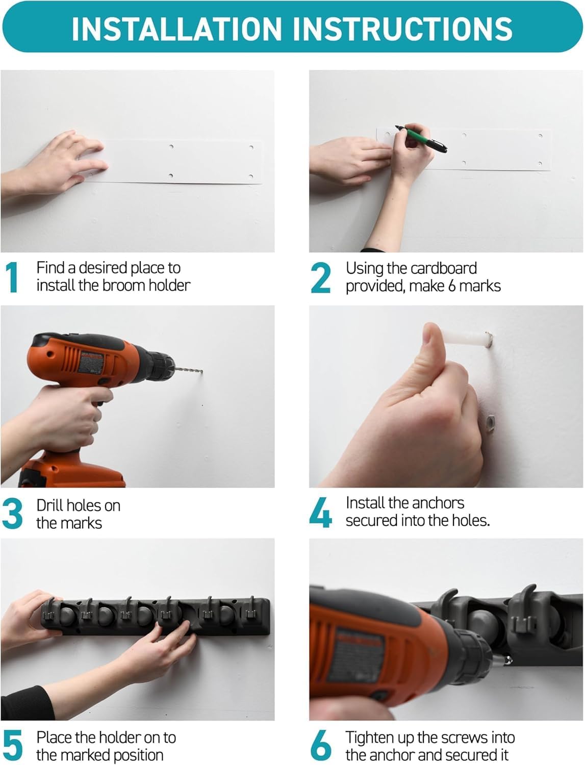 mechdel Mop Holder/Wall Mounted Wiper Holder/Storage Organizers/Drill-Free Broom Stick Stand for Home/Indoor-Outdoor (6 Hooks Mop/Broom Holder-Black, 1SET)