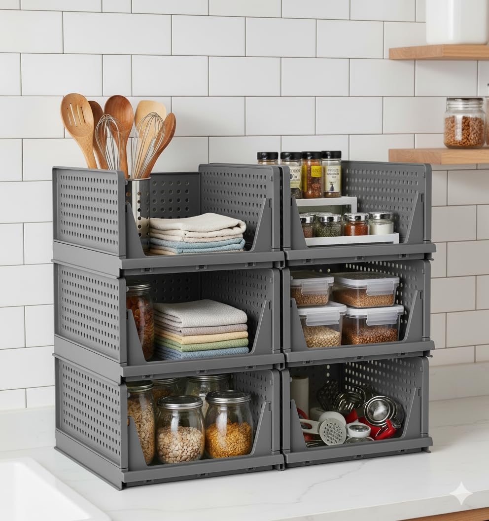 MECHDEL | Wardrobe Organizer For Clothes | Cupboard Organizer | Foldable Shirt Stacker Box | Cloth Box for Almirah | Closet Storage Basket |Plastic Stackable Closet Organizer (Ivory Yellow, 4PCS)