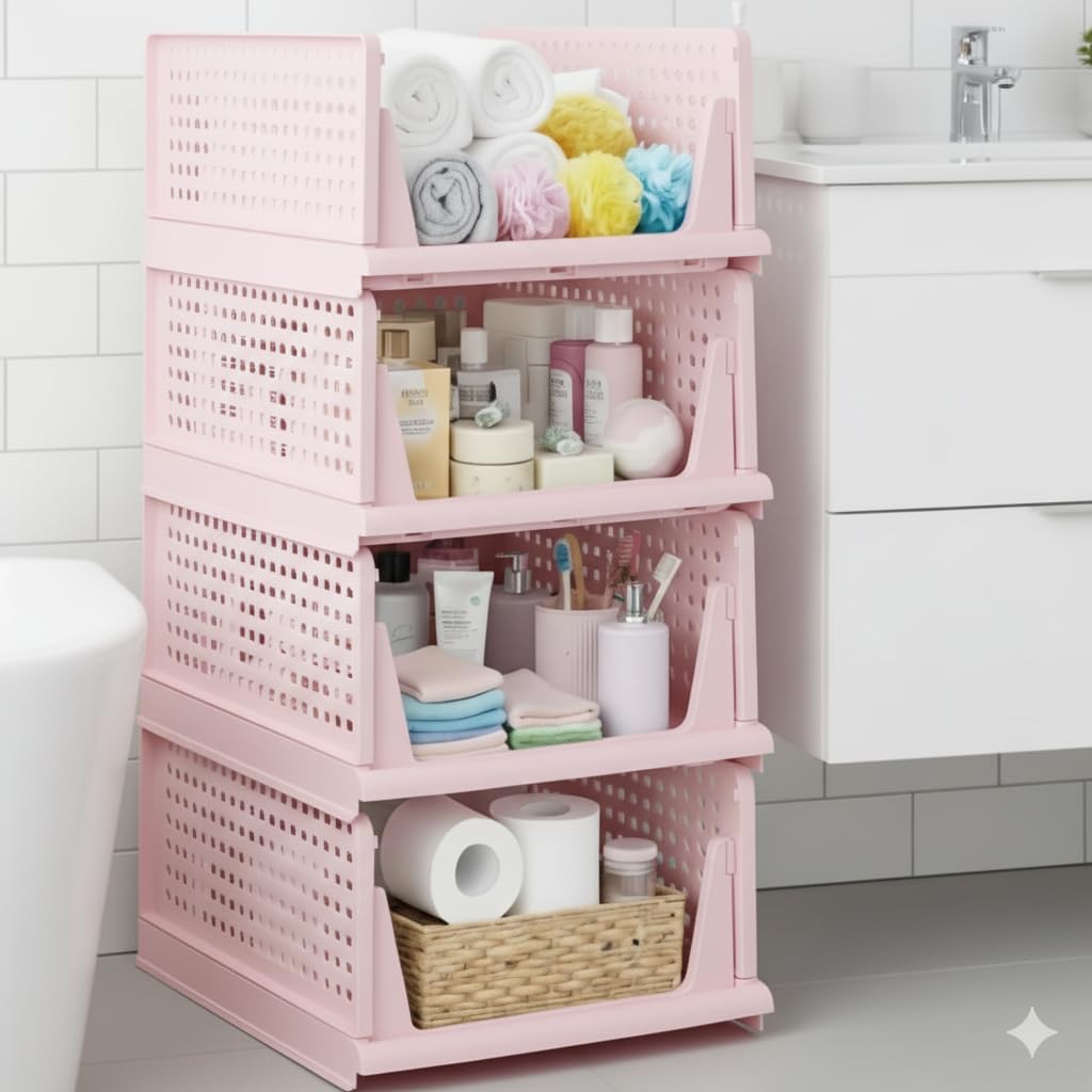 MECHDEL | Wardrobe Organizer For Clothes | Cupboard Organizer | Foldable Shirt Stacker Box | Cloth Box for Almirah | Closet Storage Basket |Plastic Stackable Closet Organizer (Ivory Yellow, 4PCS)