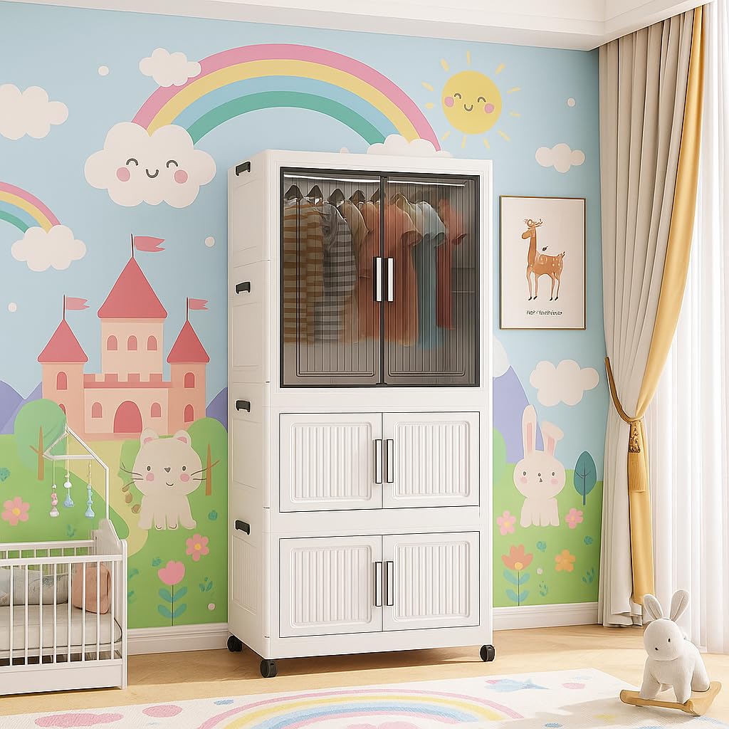 4-Door Plastic Wardrobe for Kids| Almirah and Wardrobe for Baby Clothes| Modular Storage Cabinet with Wheels| Kids Multi-Purpose Collapsible Wardrobe for Shoes/Books/Toy- White
