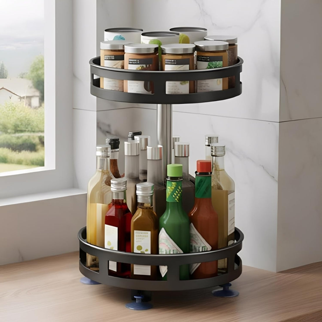 JD FRESH 2-Tier 360° Rotating Spice Rack Organiser/Multifunctional Spice Rack/Table Top Storage Rack/Non-Slip Spice Holder Organizer for Kitchen/Living Room- (Black, Round)