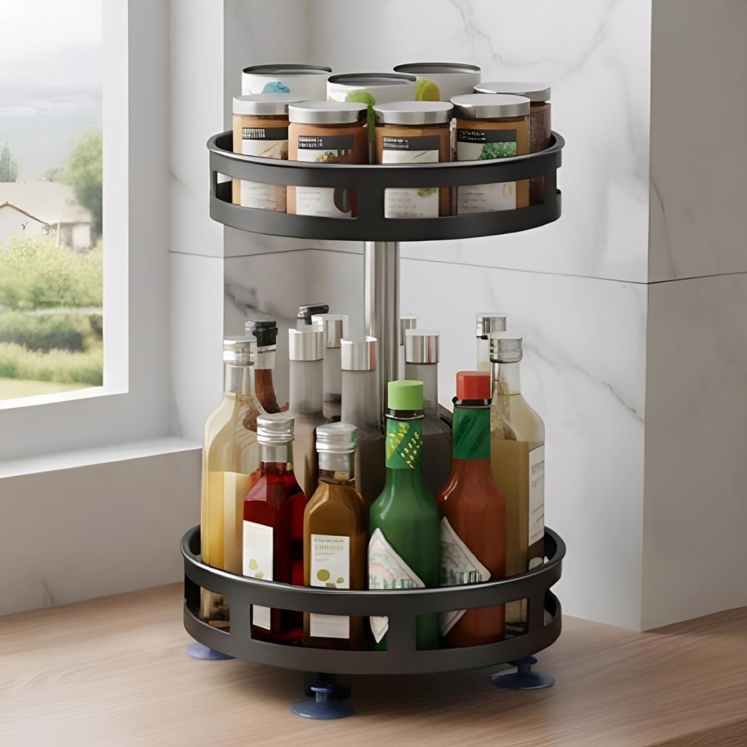 JD FRESH 2-Tier 360° Rotating Spice Rack Organiser/Multifunctional Spice Rack/Table Top Storage Rack/Non-Slip Spice Holder Organizer for Kitchen/Living Room- (Black, Round)