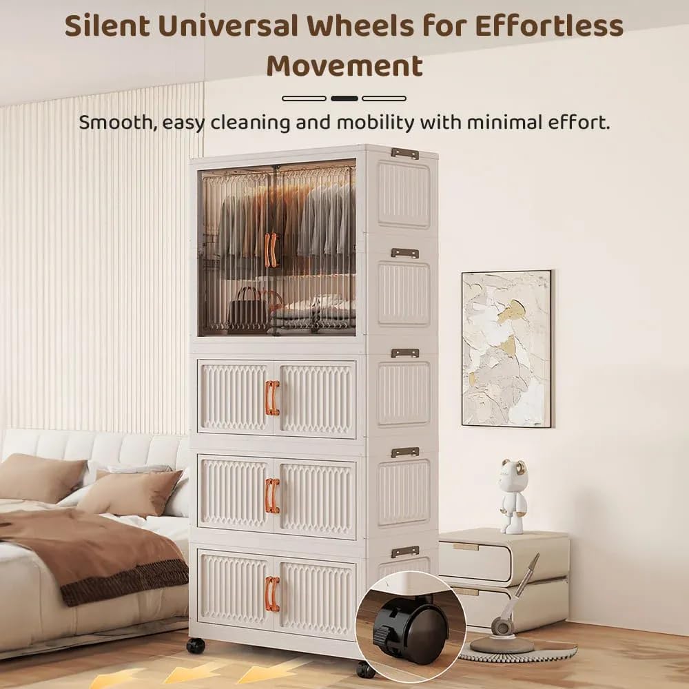 4-Door Plastic Wardrobe for Kids| Almirah and Wardrobe for Baby Clothes| Modular Storage Cabinet with Wheels| Kids Multi-Purpose Collapsible Wardrobe for Shoes/Books/Toy- White