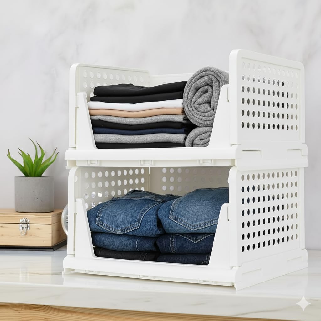 MECHDEL | Wardrobe Organizer For Clothes | Cupboard Organizer | Foldable Shirt Stacker Box | Cloth Box for Almirah | Closet Storage Basket |Plastic Stackable Closet Organizer (Ivory Yellow, 4PCS)