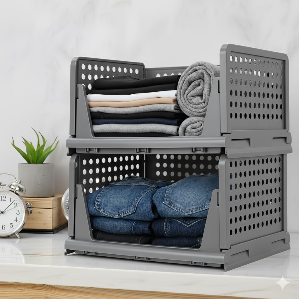 MECHDEL | Wardrobe Organizer For Clothes | Cupboard Organizer | Foldable Shirt Stacker Box | Cloth Box for Almirah | Closet Storage Basket |Plastic Stackable Closet Organizer (Ivory Yellow, 4PCS)