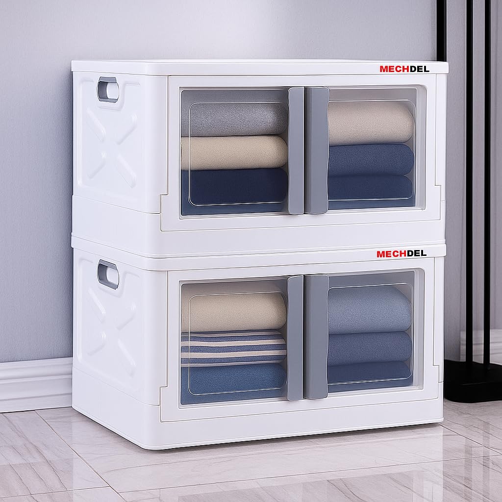 mechdel Collapsible Storage,Cabinet for Storage,Almari, Wardrobe, Cupboard Rack Living Room,Storage Cupboard | Clothes Organizer Rack, 2 Door Cabinet (STORAGE BIN/WHEEL-White, 4PCS)