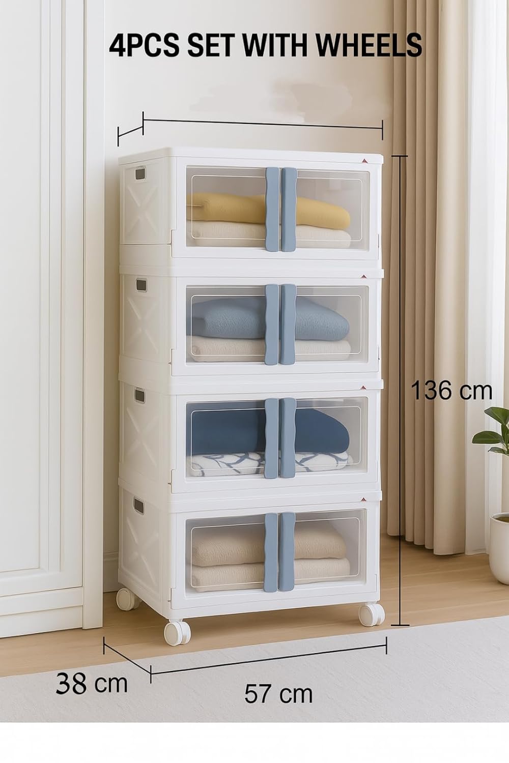 mechdel Collapsible Storage,Cabinet for Storage,Almari, Wardrobe, Cupboard Rack Living Room,Storage Cupboard | Clothes Organizer Rack, 2 Door Cabinet (STORAGE BIN/WHEEL-White, 4PCS)