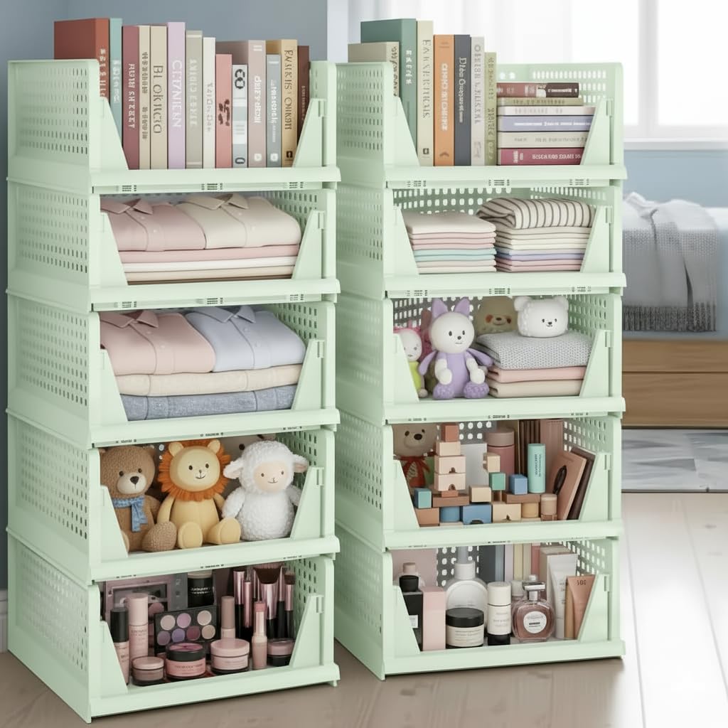 MECHDEL | Wardrobe Organizer For Clothes | Cupboard Organizer | Foldable Shirt Stacker Box | Cloth Box for Almirah | Closet Storage Basket |Plastic Stackable Closet Organizer (Ivory Yellow, 4PCS)