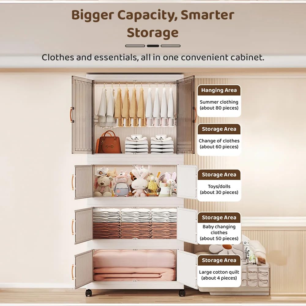 4-Door Plastic Wardrobe for Kids| Almirah and Wardrobe for Baby Clothes| Modular Storage Cabinet with Wheels| Kids Multi-Purpose Collapsible Wardrobe for Shoes/Books/Toy- White