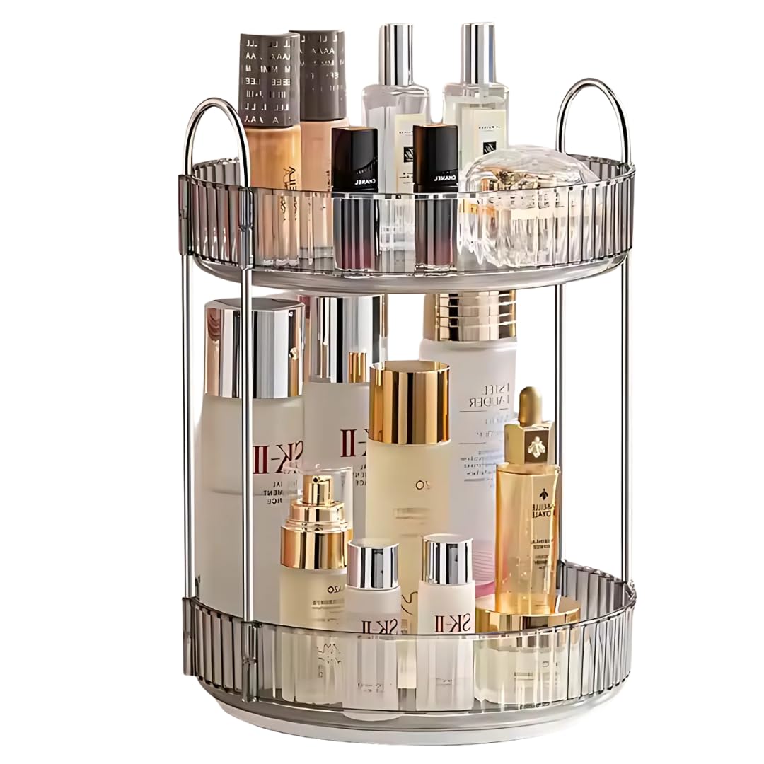 360° Rotating Makeup Organizer Box - Cosmetic Storage with Drawers, Plastic Makeup Holder Stand for Dressing Table, Lipsticks, Nail Polishes & Accessories (Gem Green, 2 Layer)