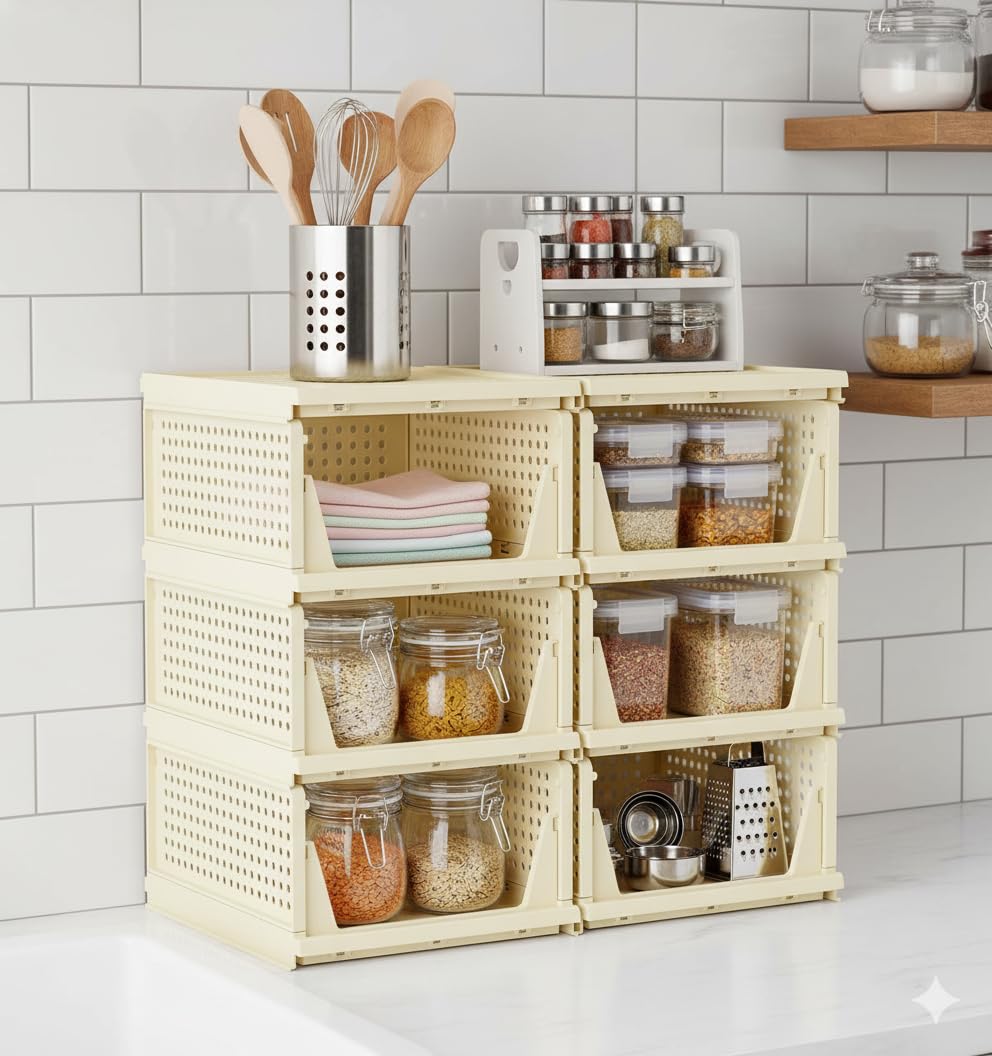 MECHDEL | Wardrobe Organizer For Clothes | Cupboard Organizer | Foldable Shirt Stacker Box | Cloth Box for Almirah | Closet Storage Basket |Plastic Stackable Closet Organizer (Ivory Yellow, 4PCS)