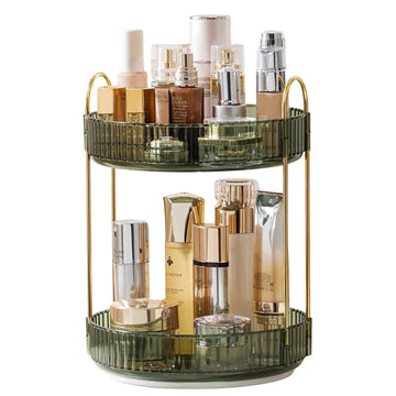 360° Rotating Makeup Organizer Box - Cosmetic Storage with Drawers, Plastic Makeup Holder Stand for Dressing Table, Lipsticks, Nail Polishes & Accessories (Gem Green, 2 Layer)