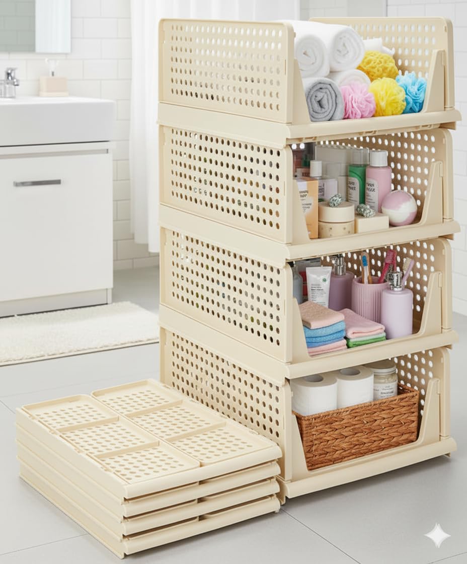 MECHDEL | Wardrobe Organizer For Clothes | Cupboard Organizer | Foldable Shirt Stacker Box | Cloth Box for Almirah | Closet Storage Basket |Plastic Stackable Closet Organizer (Ivory Yellow, 4PCS)