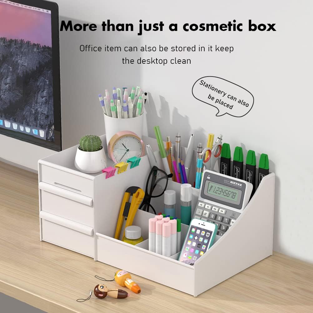 zuku MakeUp Organizer Stand Desk Storage Dressing Table Organiser Cosmetic Organizer Box Skin Care Table Bathroom Organiser Makeup Storage Box Makeup Vanity with Transparent Drawer(White)