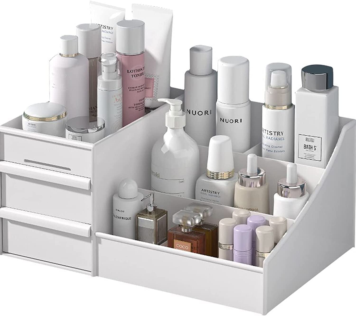 mechdel Makeup Desk Organizer With Drawers, Bathroom Countertop Organizer for Cosmetics, Vanity Holder for Lipstick, Brushes, Lotions, Eyeshadow, Nail Polish and Jewelry (Makeup Storage Box-White)