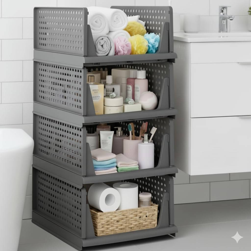 MECHDEL | Wardrobe Organizer For Clothes | Cupboard Organizer | Foldable Shirt Stacker Box | Cloth Box for Almirah | Closet Storage Basket |Plastic Stackable Closet Organizer (Ivory Yellow, 4PCS)