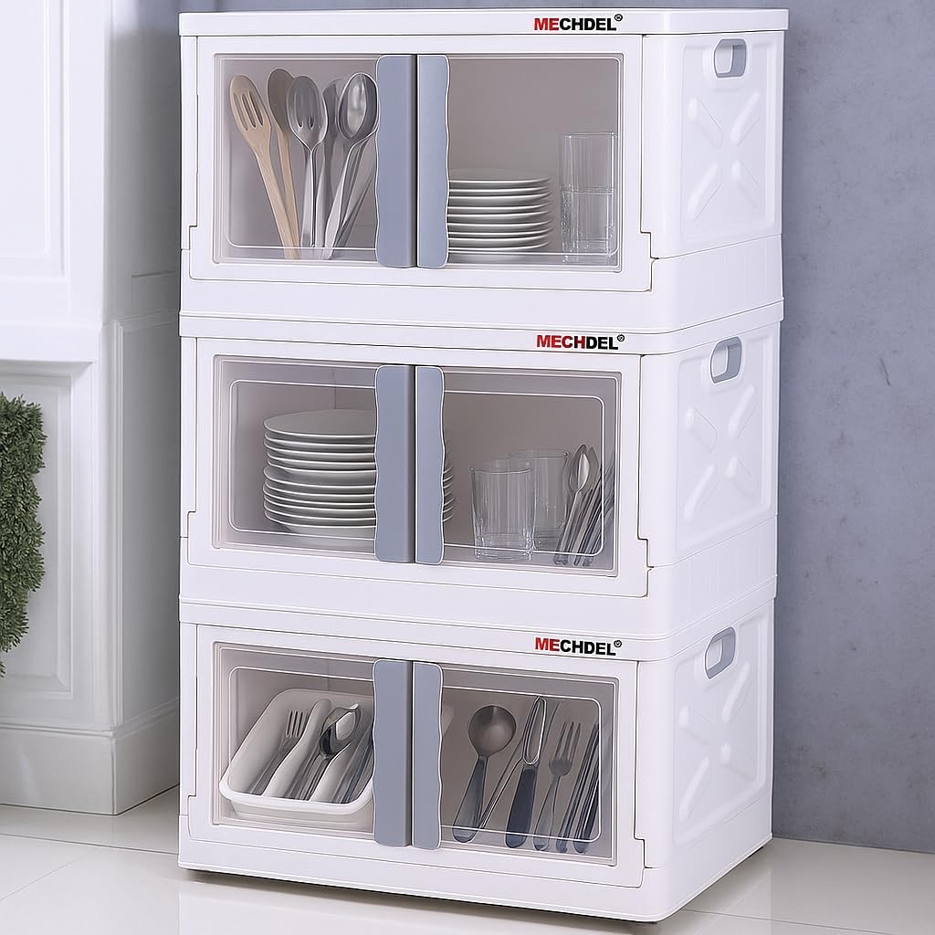 mechdel Collapsible Storage,Cabinet for Storage,Almari, Wardrobe, Cupboard Rack Living Room,Storage Cupboard | Clothes Organizer Rack, 2 Door Cabinet (STORAGE BIN/WHEEL-White, 4PCS)