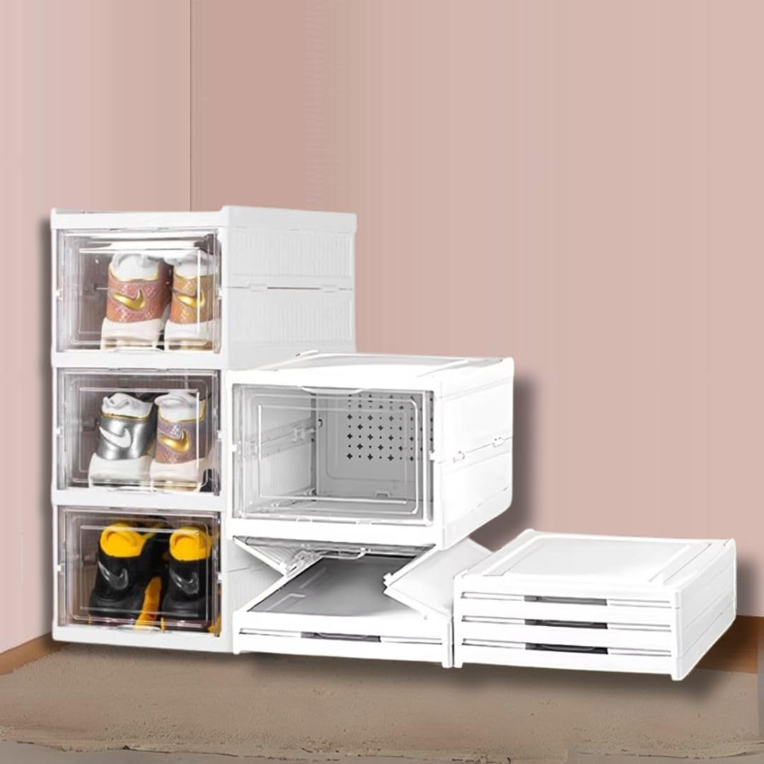 3-Layer Foldable Shoe Organizer Storage Box/Collapsible Shoe Rack/Foldable Closet for Living Room,Study,Bedroom, Bathroom/Storage Organizer for Shoe Boots,Slippers,Sneakers,Books(White)