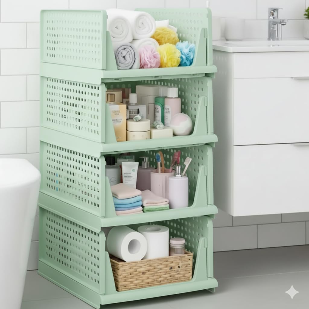 MECHDEL | Wardrobe Organizer For Clothes | Cupboard Organizer | Foldable Shirt Stacker Box | Cloth Box for Almirah | Closet Storage Basket |Plastic Stackable Closet Organizer (Ivory Yellow, 4PCS)