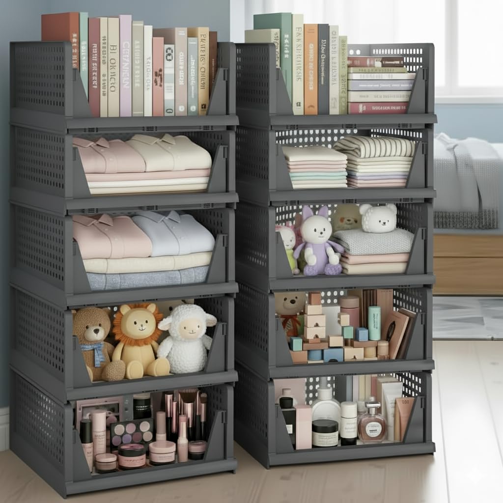 MECHDEL | Wardrobe Organizer For Clothes | Cupboard Organizer | Foldable Shirt Stacker Box | Cloth Box for Almirah | Closet Storage Basket |Plastic Stackable Closet Organizer (Ivory Yellow, 4PCS)