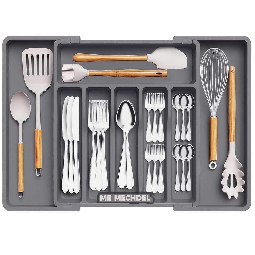 mechdel Drawer Organizer, Expandable BPA Free Utensil Tray for Kitchen, Adjustable Flatware and Cutlery Holder for Spoons Forks Knives, Plastic Kitchen Organizers and Storage (BLACK, 8-Slots)