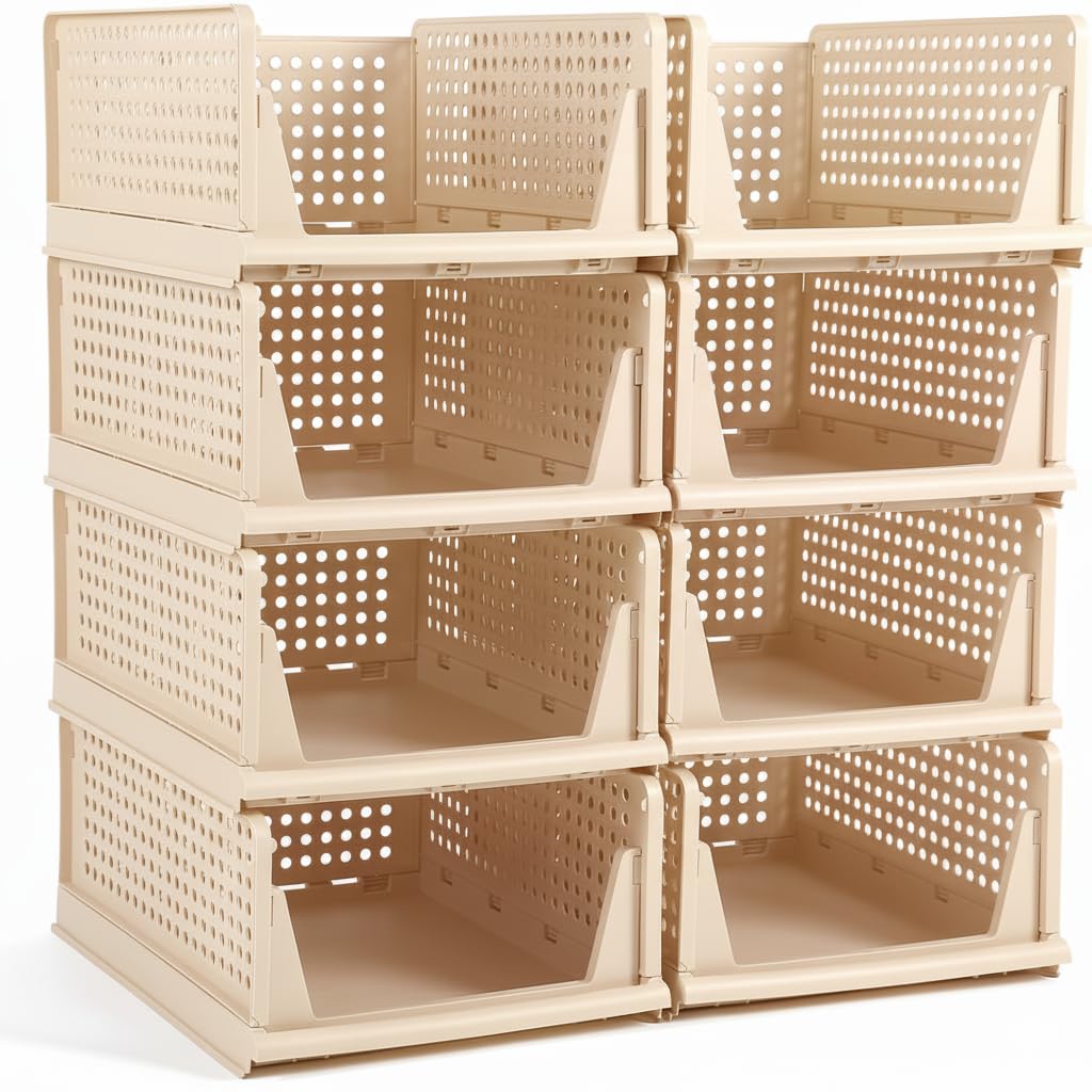 MECHDEL | Wardrobe Organizer For Clothes | Cupboard Organizer | Foldable Shirt Stacker Box | Cloth Box for Almirah | Closet Storage Basket |Plastic Stackable Closet Organizer (Ivory Yellow, 4PCS)